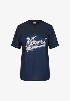 Marineblaues Sport-T-Shirt mit kurzen Ärmeln, V-Ausschnitt und weißem "Kani"-Logo auf der Vorderseite, das ein Sternmotiv zeigt. Glattes, leichtes Material.