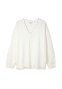 Bílý pulovr s výstřihem do V, dlouhými volnými rukávy a žebrovanými manžetami. Vyrobený z měkké texturované látky, s volným střihem a lemem.