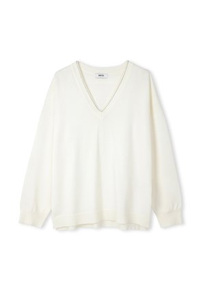 Biała sweter z dekoltem w serek, z długimi, luźnymi rękawami i ściągaczami. Wykonany z miękkiej, teksturowanej tkaniny, z luźnym krojem i wykończeniem.