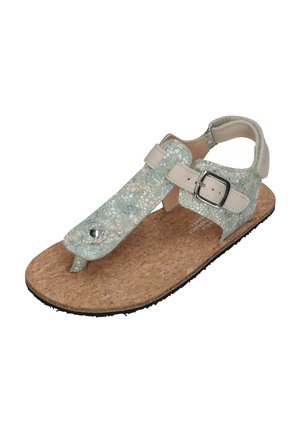 Light green floral-patterned open-toe sandal with cork sole, adjustable ankle strap, front toe loop, and metal buckle on side strap.