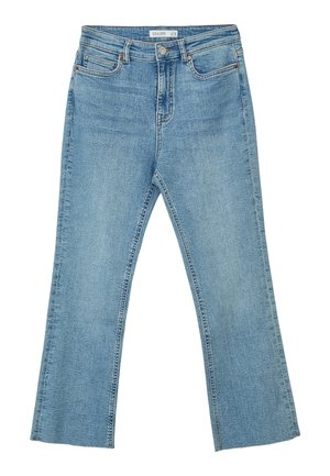 Jeans azzurri chiari, svasati, a vita media, con cinque tasche e chiusura a bottone. Tessuto denim consumato con sfumature sottili.