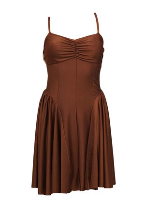 Brown sundress with thin straps, gathered bodice, and pleated skirt. Made of smooth fabric, featuring a fitted waist and flared hem.
