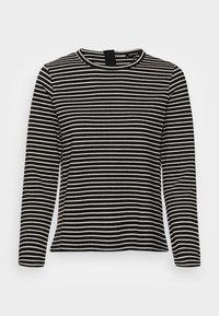Camicia a maniche lunghe striped in bianco e nero. Presenta un collo rotondo e una morbida texture a maglia con strisce orizzontali uniformemente distanziate.