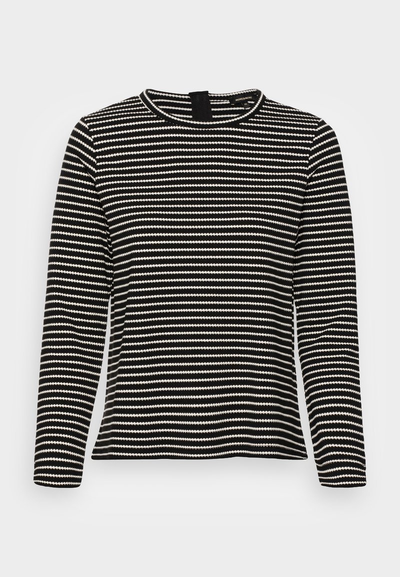 Camicia a maniche lunghe striped in bianco e nero. Presenta un collo rotondo e una morbida texture a maglia con strisce orizzontali uniformemente distanziate.
