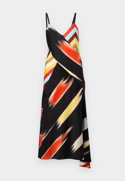 Μαύρο αμάνικο φόρεμα με λεπτές τιράντες, διακοσμημένο με διαγώνια μοτίβα από πινελιές σε πορτοκαλί, κίτρινο, λευκό, μπλε και καφέ αποχρώσεις.