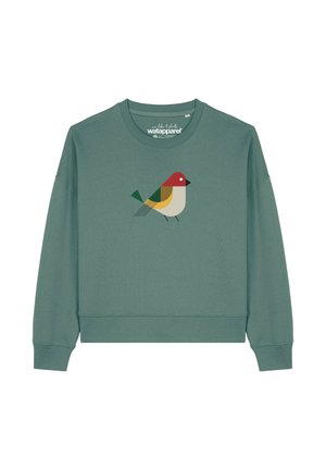 Groene sweatshirt met een geometrisch vogeldesign in rood, groen, geel en beige, gecentreerd op de borst.