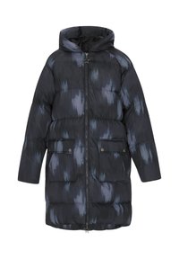 Puffige schwarze Jacke mit Kapuze, ausgestattet mit einem blauen abstrakten Muster, Reißverschluss und zwei Fronttaschen mit Druckknöpfen.