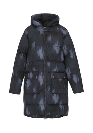 Nafouknutá černá bunda s kapucí, která má modrý abstraktní vzor, zapínání na zip a dvě přední kapsy se zapínáním na patentky.