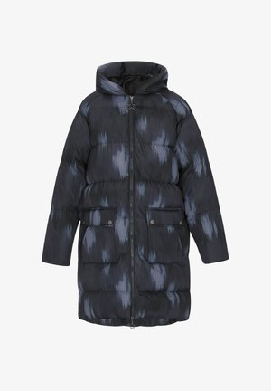 Puchowa czarna kurtka z kapturem, z niebieskim abstrakcyjnym wzorem, na zamek błyskawiczny i dwoma przednimi kieszeniami z zatrzaskami.