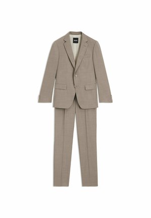 Beige Anzug mit einer taillierten Blazerjacke und geraden Hosen. Hergestellt aus strukturiertem Material, mit einem Knopfverschluss und zwei frontalen Taschen.
