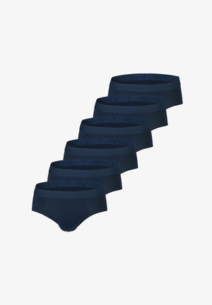 Seis calzoncillos para hombre de color azul marino con cinturillas elásticas con la marca "JOOP!" apilados en diagonal sobre un fondo blanco.