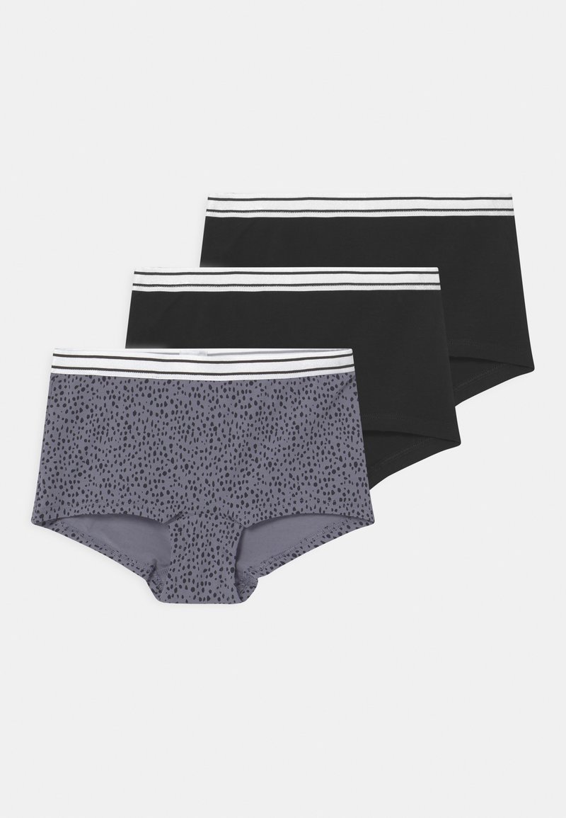Trois paires de sous-vêtements hipster : une noire unie, une gris foncé uni, et une avec un motif à pois gris. Toutes ont une ceinture rayée blanche.