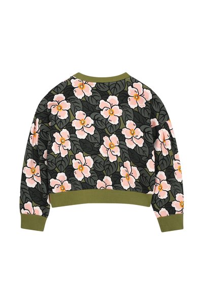 Sweat-shirt en coton, base vert foncé avec un motif floral rose et des poignets côtelés verts. Design court, texture douce, manches longues.