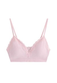 Rosa stickad bralette med v-ringning, som har spetsdetaljer längs kanterna. Justerbara band, mjuk textur och ribbat mönster.