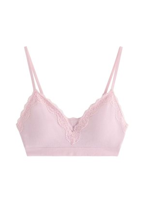 Rosa stickad bralette med v-ringning, som har spetsdetaljer längs kanterna. Justerbara band, mjuk textur och ribbat mönster.