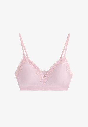 Bralette em malha rosa com decote em V, apresentando renda nas bordas. Alças ajustáveis, textura suave e desenho canelado.