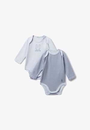Two long-sleeve baby bodysuits, one solid light blue with bunny graphic and "Benetton" text, the other blue and white striped with small bunny detail.