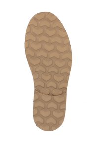 Semelle de chaussure en caoutchouc marron avec un motif en chevrons, présentant un talon lisse et arrondi ainsi qu'un bord avant plat. Conception légère et flexible.