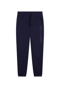 Marine joggers met een elastische tailleband, trekkoord, opgerolde enkels, zijzakken en een "Champion" logo gedrukt langs het linker been.