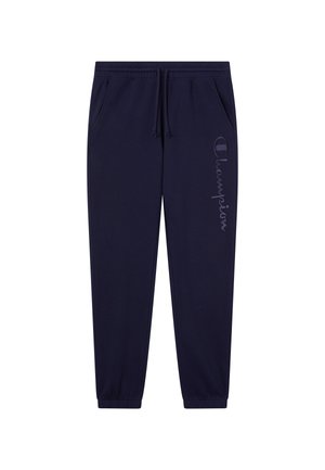 Joggers en color navy con una cinturilla elástica, cordón, puños en los tobillos, bolsillos laterales y un logotipo de "Champion" impreso a lo largo de la pierna izquierda.