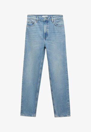 Hellblaue gerade geschnittene Jeans aus Denim, mit hoher Taille, fünf Taschen und Kontrastnähten für Details.