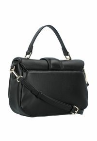 Borsa a tracolla nera in pelle con una forma strutturata, dotata di manico superiore e tracolla regolabile. Include dettagli in metallo dorato.