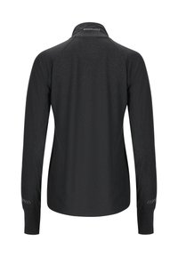 Schwarz langärmliges Sportshirt mit einem Stehkragen, das reflektierende Akzente und ein figurbetontes Design aus strukturiertem Stoff aufweist.