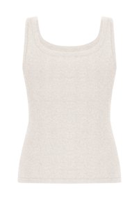 Lichtgrijze tanktop gemaakt van zachte katoen. Heeft een vierkante halslijn en brede straps met een aansluitende pasvorm. Geen extra patronen of accenten.