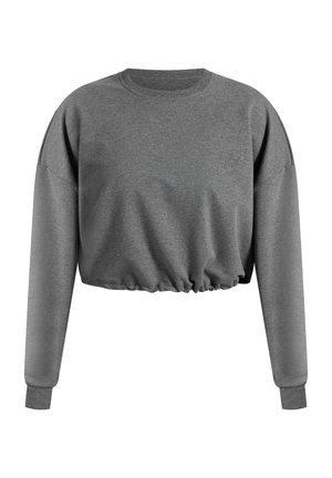 Grau geschnittenes Sweatshirt mit langen Ärmeln, gerippten Bündchen und einem gerafften Saum. Subtil gesticktes Logo auf der Vorderseite. Weiche Stofftextur.