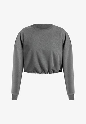 Grijze cropped sweatshirt met lange mouwen, geribbelde manchetten en een verzamelde onderkant. Subtiel geborduurd logo aan de voorkant. Zachte stoftextuur.