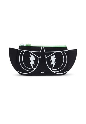 Black pencil case featuring a large white cartoon face with lightning bolt eyes. Green zipper on top; soft, smooth material; rounded edges.