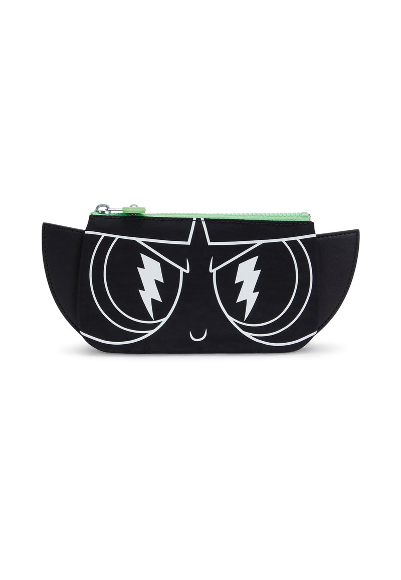 Black pencil case featuring a large white cartoon face with lightning bolt eyes. Green zipper on top; soft, smooth material; rounded edges.