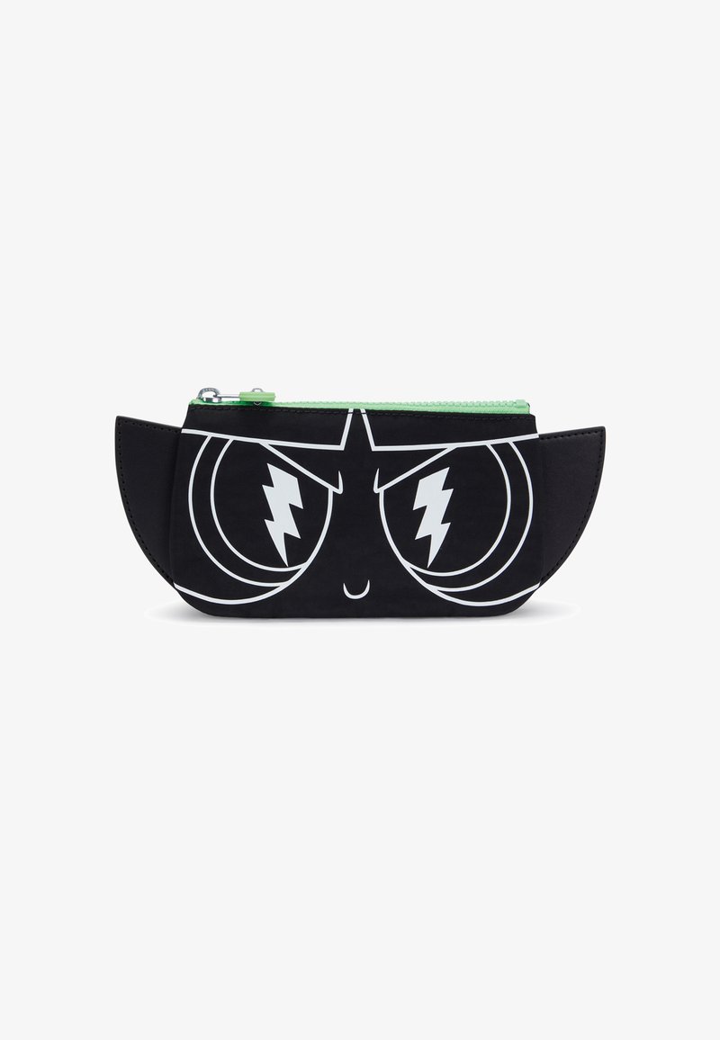 Black pencil case featuring a large white cartoon face with lightning bolt eyes. Green zipper on top; soft, smooth material; rounded edges.