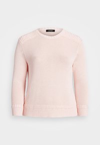 Světle růžový pletený svetr s dlouhými rukávy, kulatým výstřihem a strukturálními detaily podél ramen a lemu.