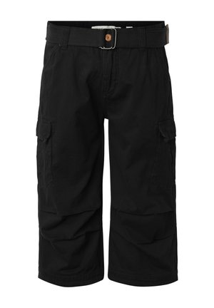 Black knee-length cargo shorts with side pockets and a black belt featuring a metal buckle and wooden button detail.