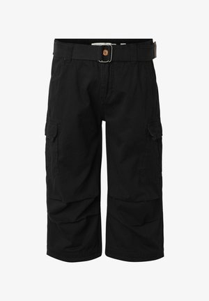 Black knee-length cargo shorts with side pockets and a black belt featuring a metal buckle and wooden button detail.