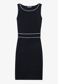 Svart ärmlös klänning med en figurnära design, vit accentlinje vid halsringningen och midjan, samt en slät textur.