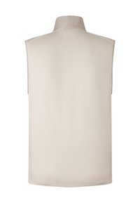 Beige ärmellose Weste mit hohem Kragen, glattem Stoff und ohne sichtbare Muster oder Beschläge. Schlichtes, funktionales Design.
