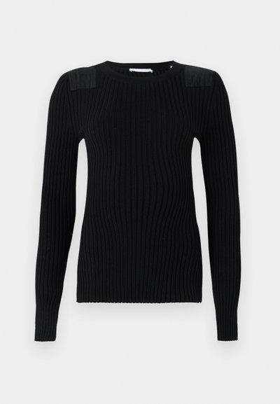Black ribbed knit sweater with long sleeves, featuring textured shoulder panels and a round neckline. Smooth finish and fitted silhouette.