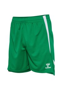 Grønne atletikshorts med elastisk taljebånd, hvide sidelommer og et hvidt hummel-logo på det nederste venstre ben.