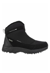 Svart vattentät softshell-vinterkänga med texturerad ovandel, snug passform och robust gummisula med djupa greppande mönster för stabilitet.