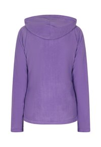 Giacca in pile viola con cappuccio, maniche lunghe e una texture liscia. Il design è semplice e privo di decorazioni aggiuntive.