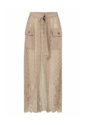 Beigen värinen pitsinen pitkä hame, jossa on yhtenäisestä kankaasta valmistettu vyötärönauha, kaksi etutaskua, joissa on läpät ja napit, sekä solmittava vyö.