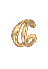Ring aus goldfarbenem Metall mit einer geschwungenen Designform, das glatte, polierte Oberflächen und eine moderne, abstrakte Gestalt aufweist. Keine Verzierungen vorhanden.