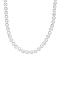 White pearl necklace featuring evenly sized, smooth spherical pearls with a lustrous finish, strung together in a continuous design.