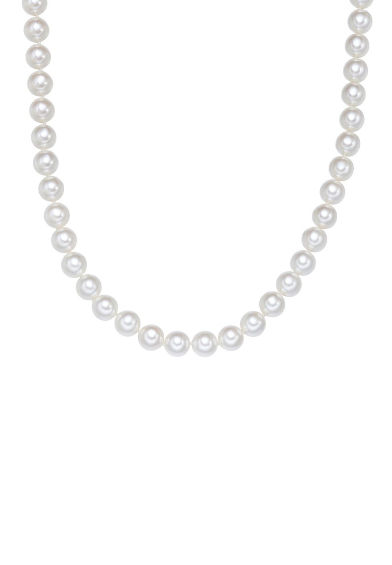 White pearl necklace featuring evenly sized, smooth spherical pearls with a lustrous finish, strung together in a continuous design.