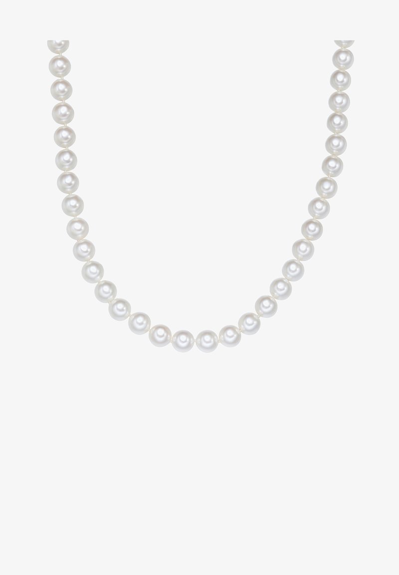 White pearl necklace featuring evenly sized, smooth spherical pearls with a lustrous finish, strung together in a continuous design.