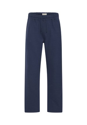 Pantalon de jogging marine avec taille à cordon de serrage, jambes droites et texture douce. Comprend deux poches latérales et un design décontracté.