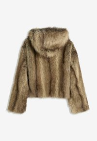 Korte faux fur jas in bruine tinten, met een capuchon en een texturende afwerking. Lange mouwen met een pluchen uitstraling en geen zichtbare hardware.