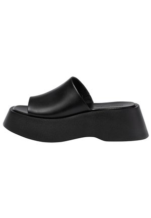 Sandales à plateformes noires avec un design à bout ouvert large. Tige en cuir lisse et semelle épaisse avec contours pour plus de hauteur et de soutien.